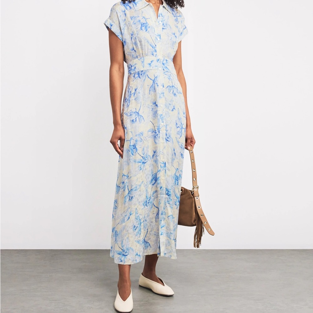 Maje Blue and Cream Satin Floral Patterned maxi dress😍size 36 - Picture 10 of 12